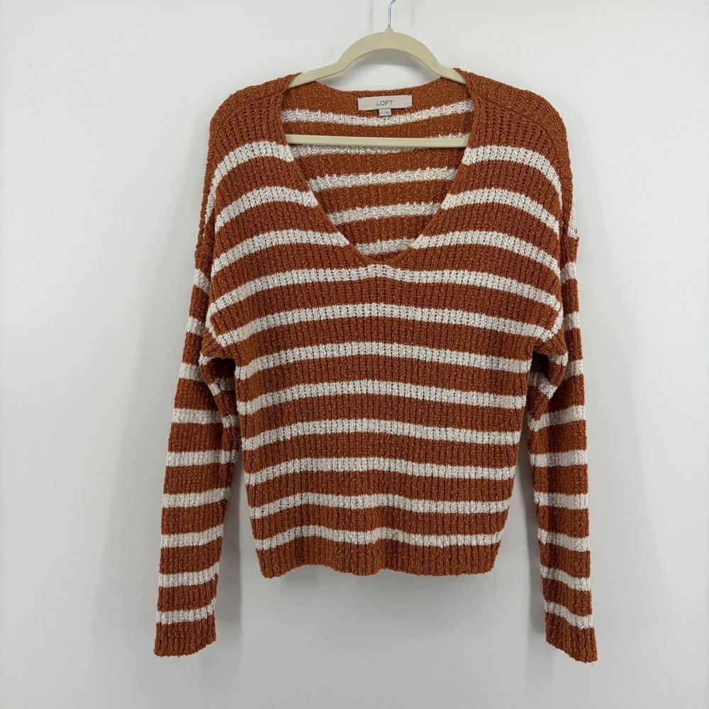 LOFT Sweater Rust White Women Medium Striped Cotton V-Neck Long Sleeve Pullover